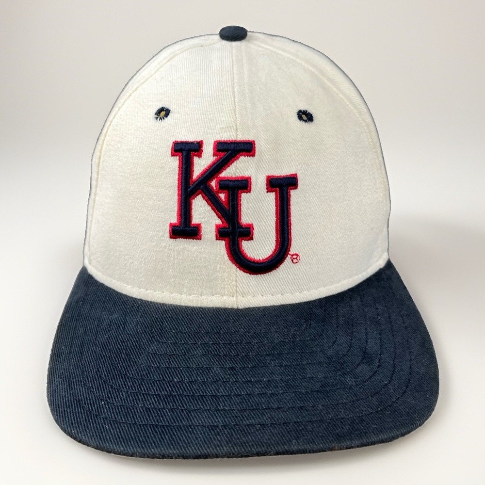 Vintage KU Kansas University Jayhawks New Era SnapBack Hat White Blue Cap Logo